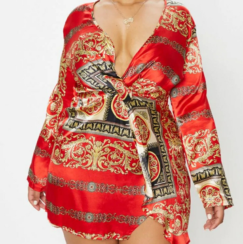 Red Printed Satin Wrap Dress